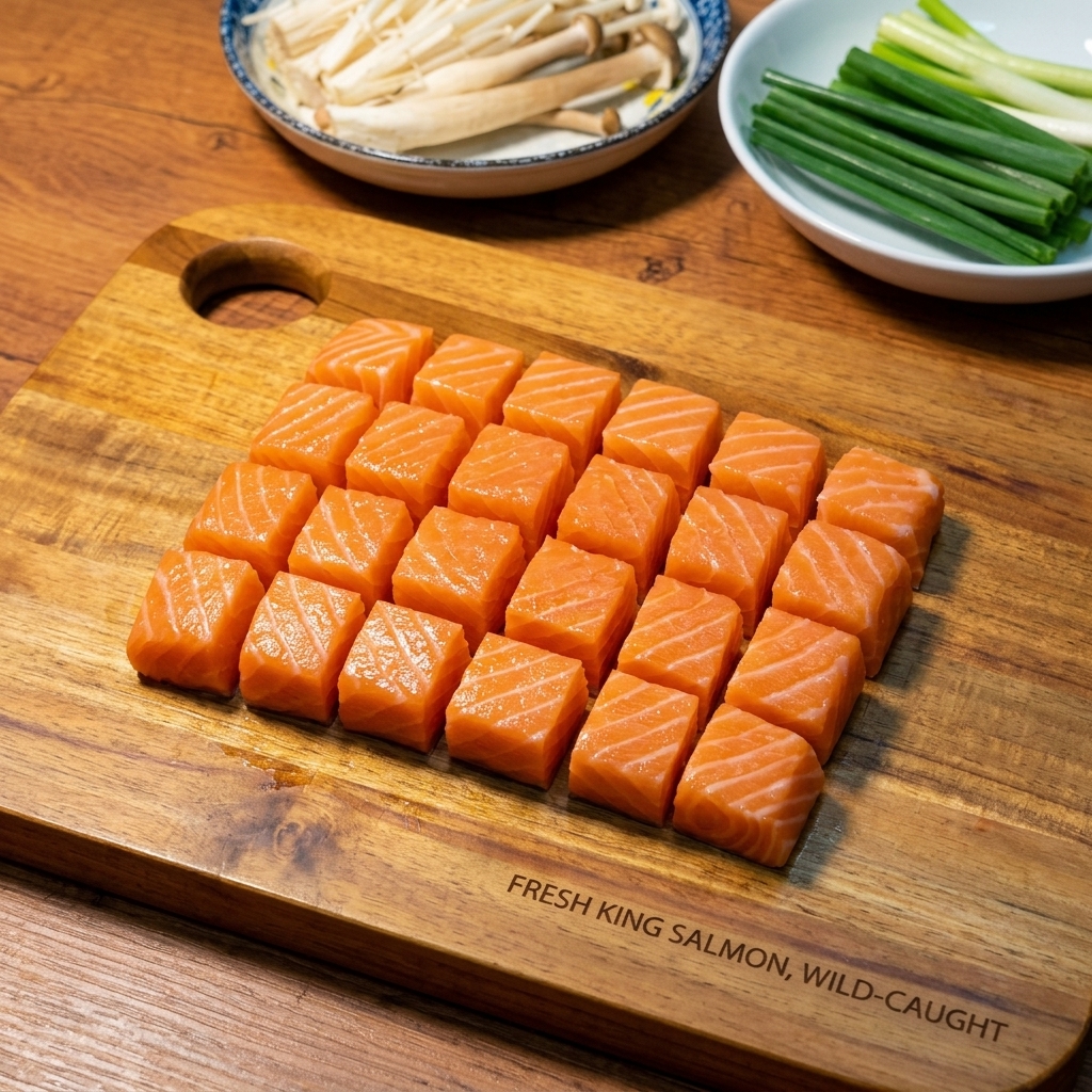 Filet de saumon cru orange vif coupé en cubes uniformes sur une planche à découper en bois.