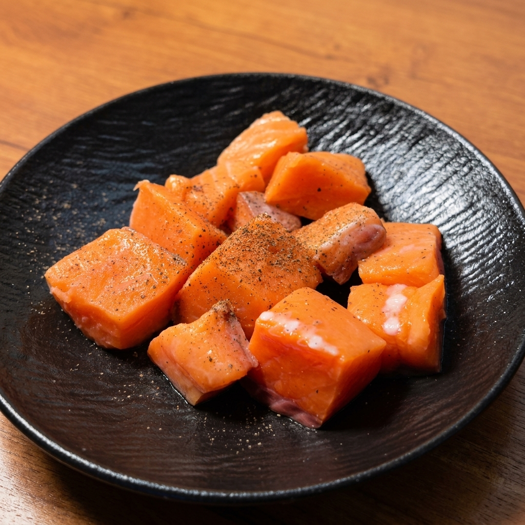 Dés de saumon crus généreusement saupoudrés de poivre noir sur une assiette sombre texturée.