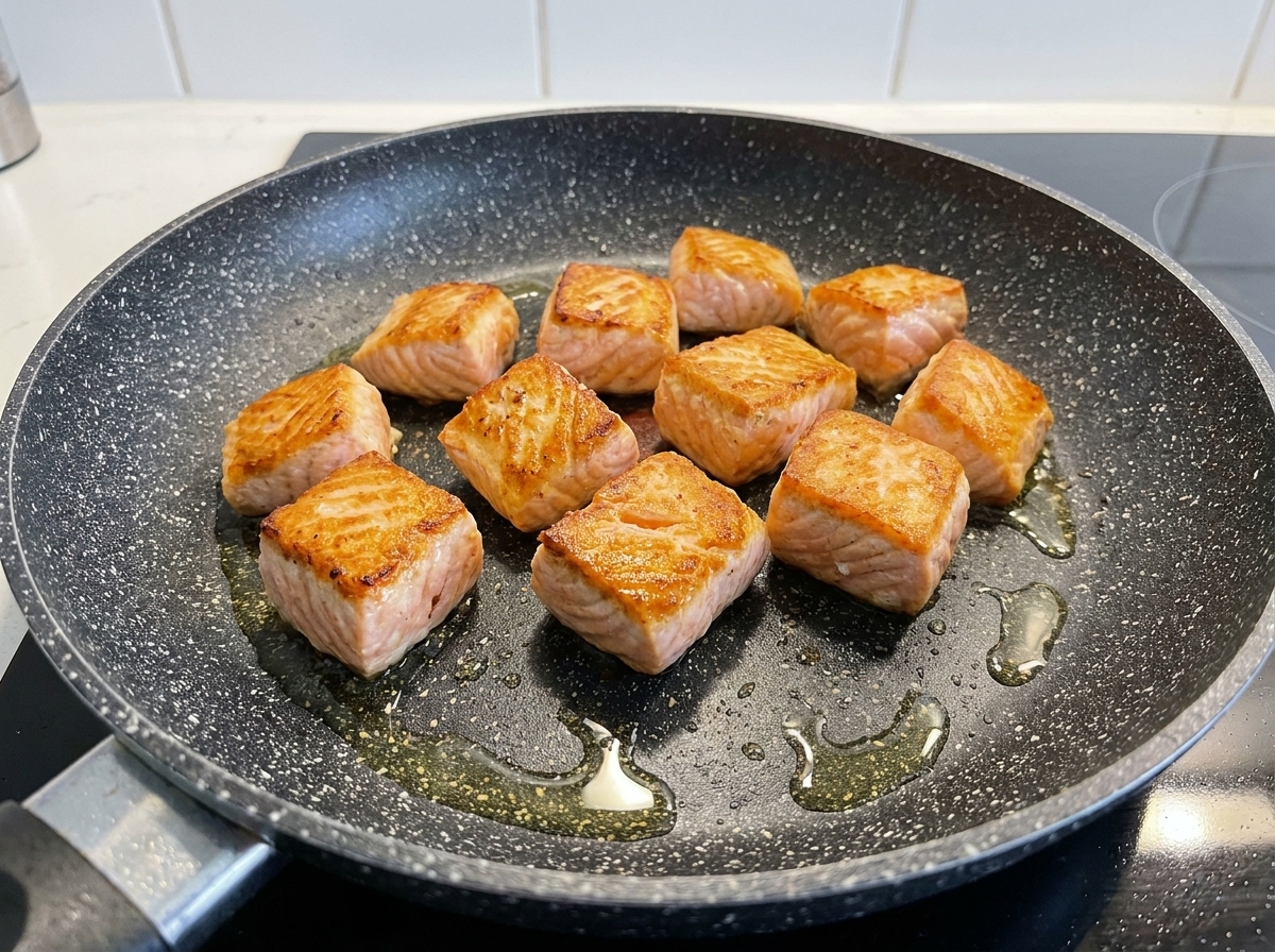 Cubes de saumon grésillant dans une poêle chaude avec de lhuile, développant une croûte dorée.
