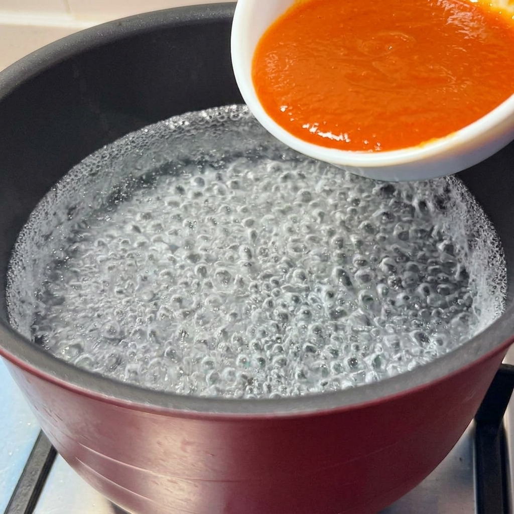 Mélange de sauce miso orangée versé dans une marmite deau bouillante.