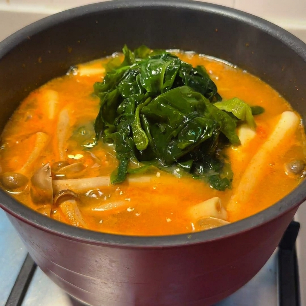 Champignons shimeji et algues wakame mijotant dans un bouillon miso épicé orangé.