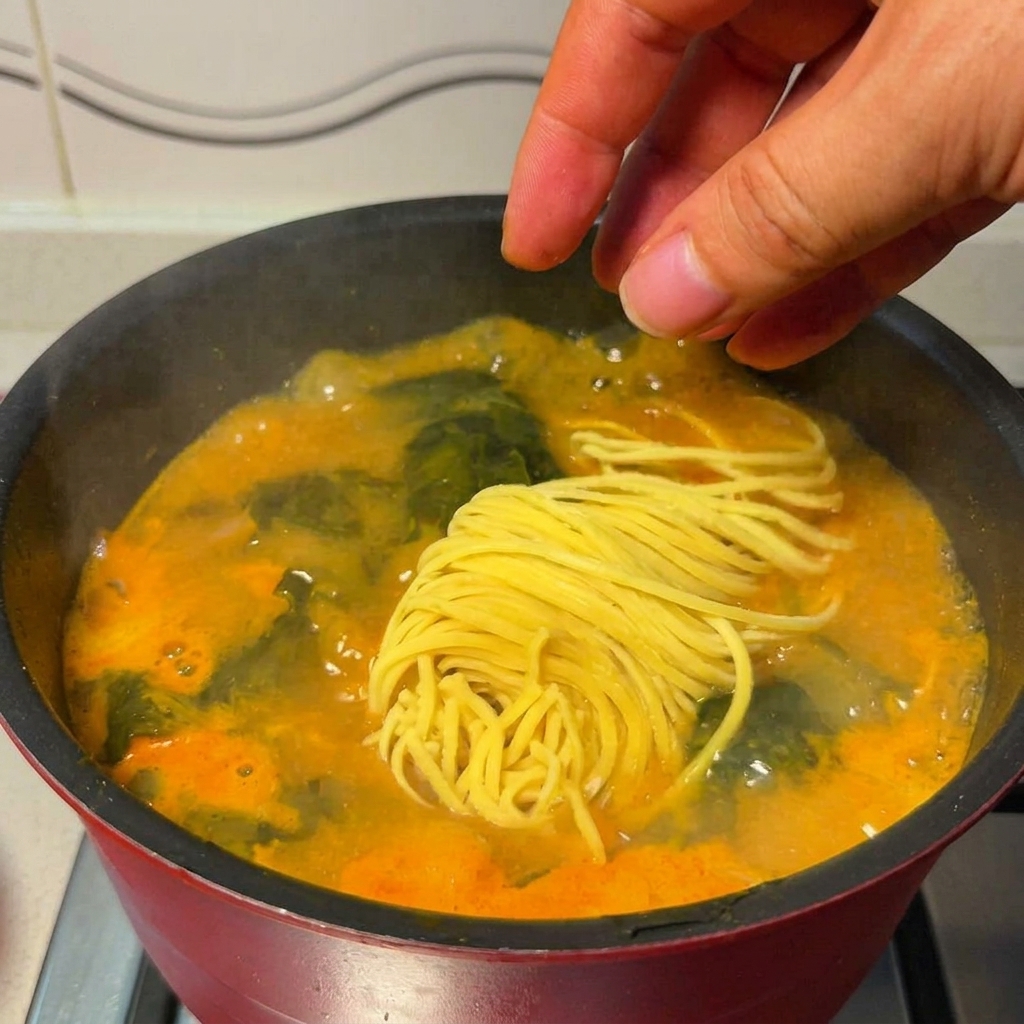 Nouilles ramen fraîches ajoutées directement dans la marmite de soupe bouillante.
