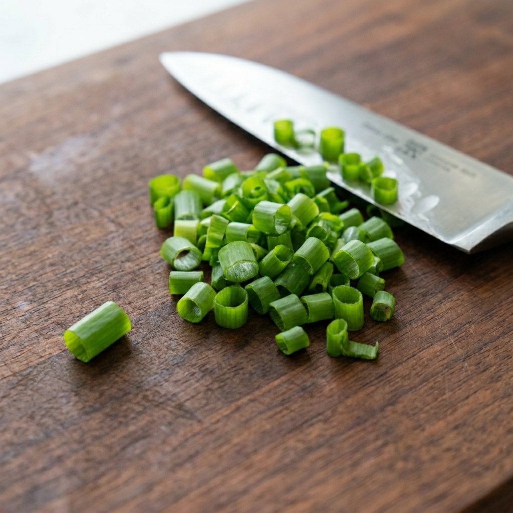 Oignons verts finement hachés étalés sur une planche à découper en bois à côté dun couteau de chef bien aiguisé.