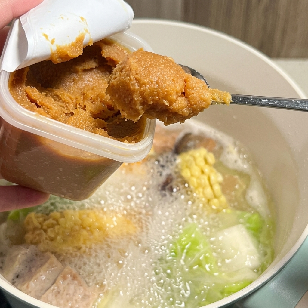 Pâte miso dissoute dans le bouillon bouillant à travers une passoire en métal.