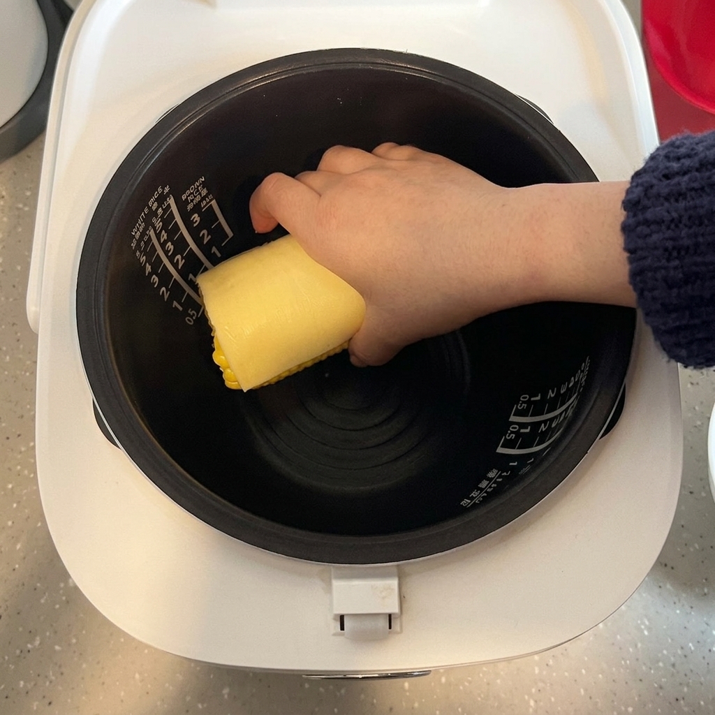 Morceaux de maïs cru disposés dans la cuve dun cuiseur à riz avec une tranche de fromage sur le dessus.