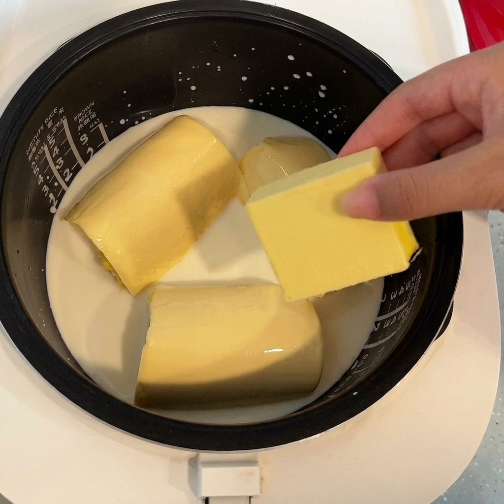 Un morceau de beurre jaune posé sur le mélange de maïs et de lait dans un cuiseur à riz.