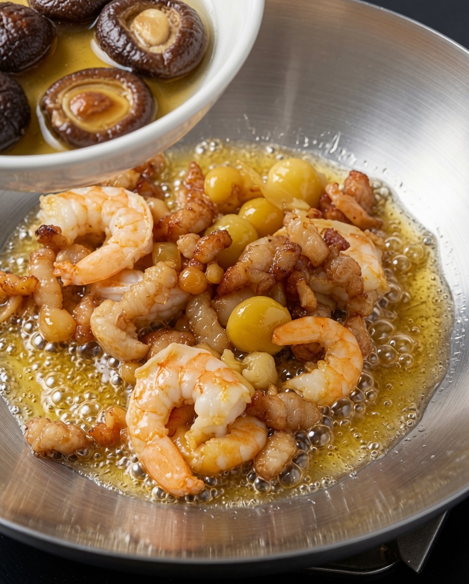 Champignons shiitake réhydratés et leur jus de trempage doré versés dans le wok avec les fruits de mer.