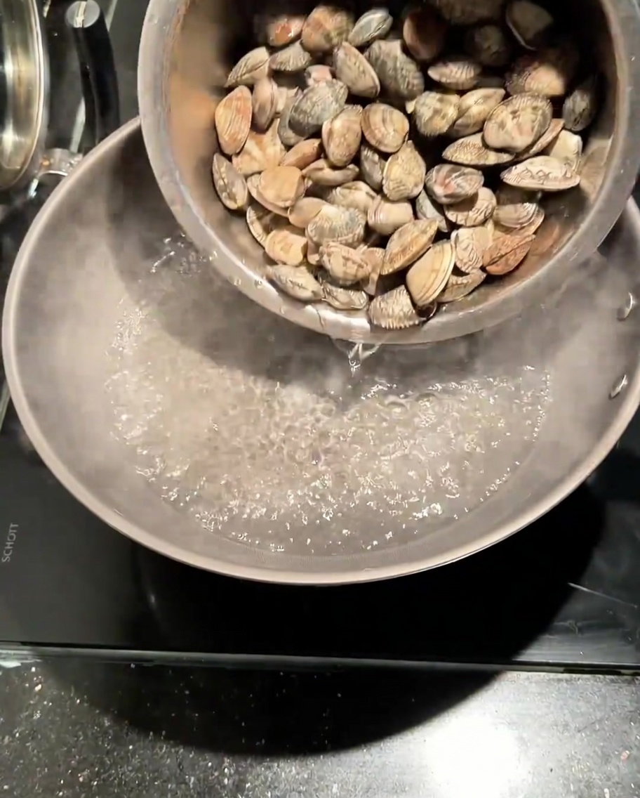 Palourdes fraîches versées dans une casserole deau bouillante salée.
