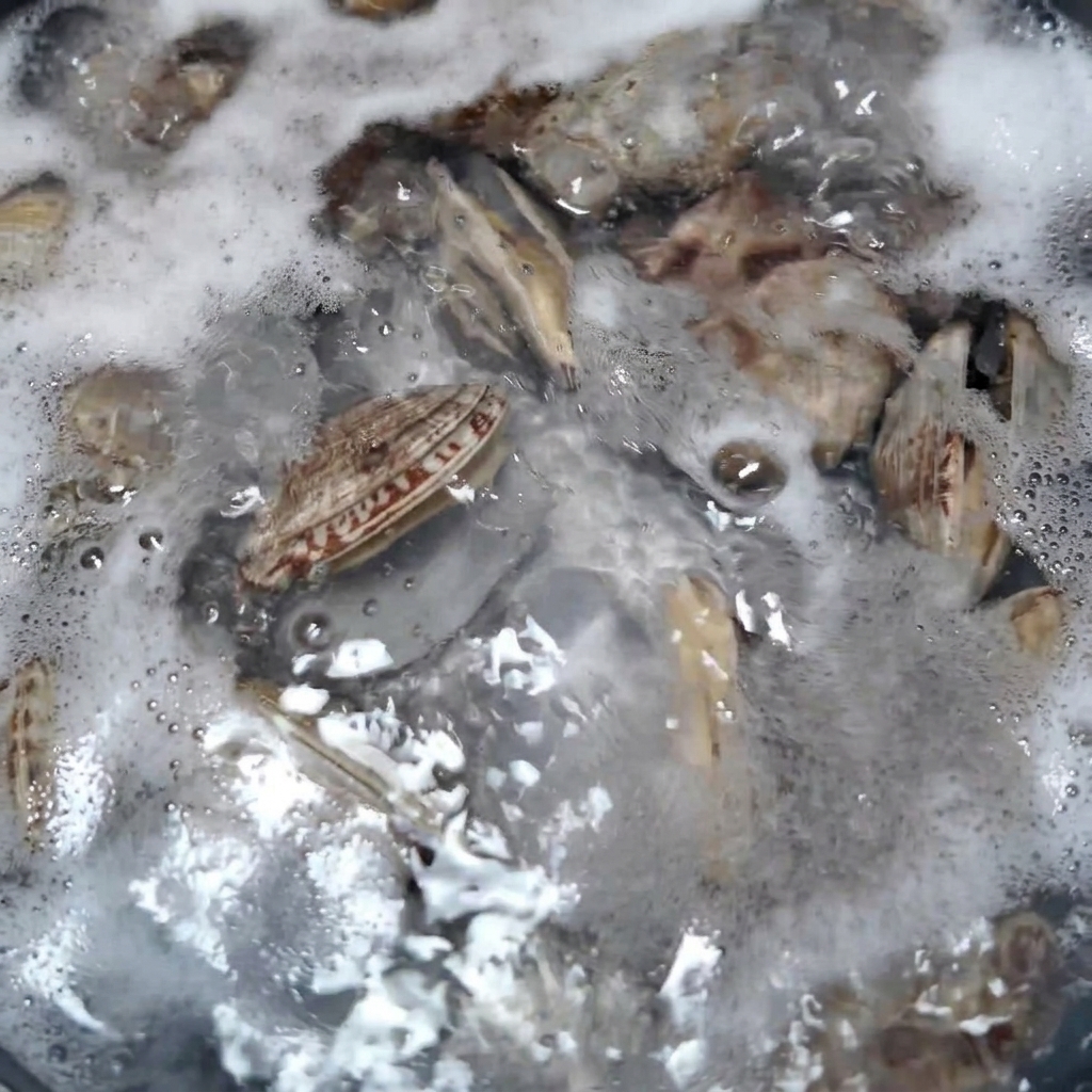 Des palourdes cuites soulevées de leau bouillante avec une passoire en inox.