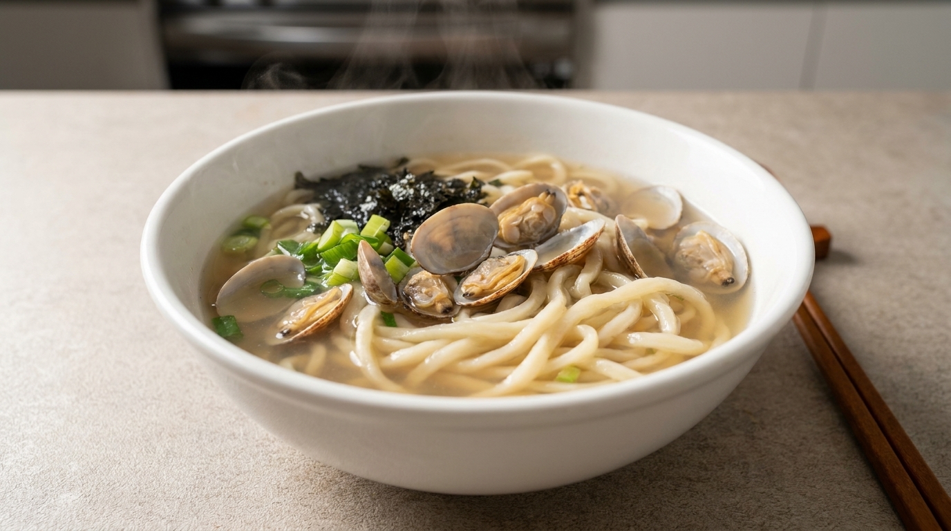 Un bol de soupe fumante aux nouilles étirées et aux palourdes, agrémenté de ciboule et dalgues nori.