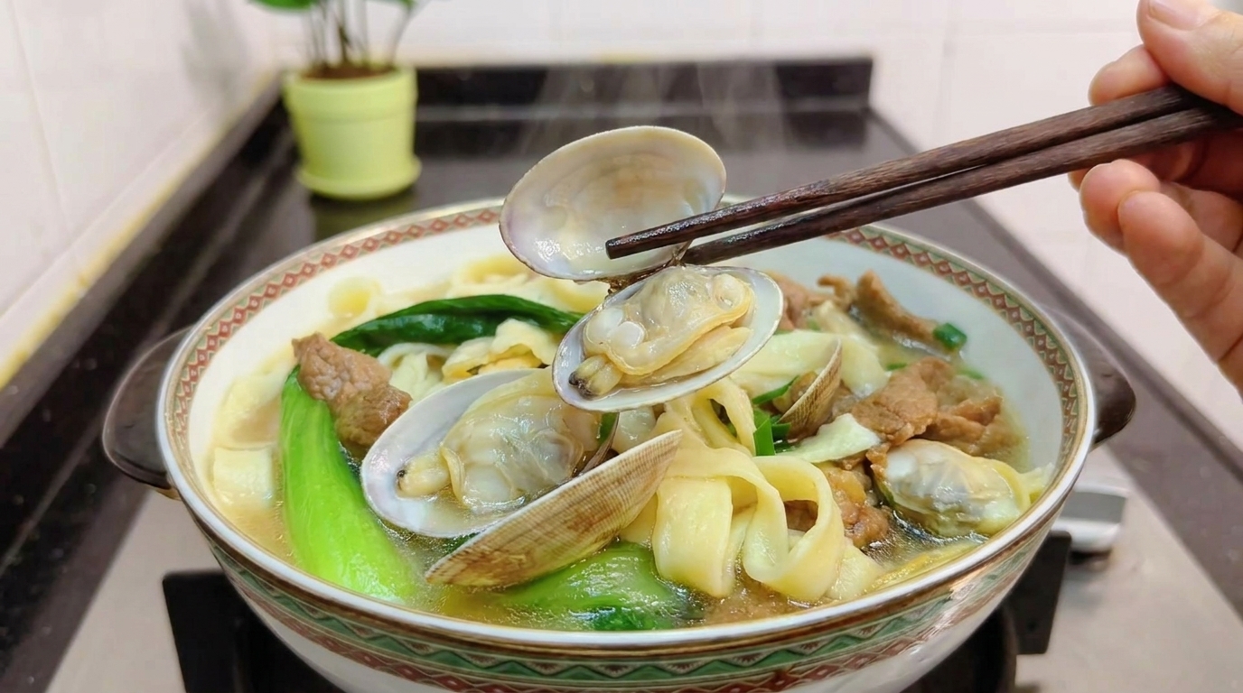 Soupe de nouilles aux palourdes et viande maigre