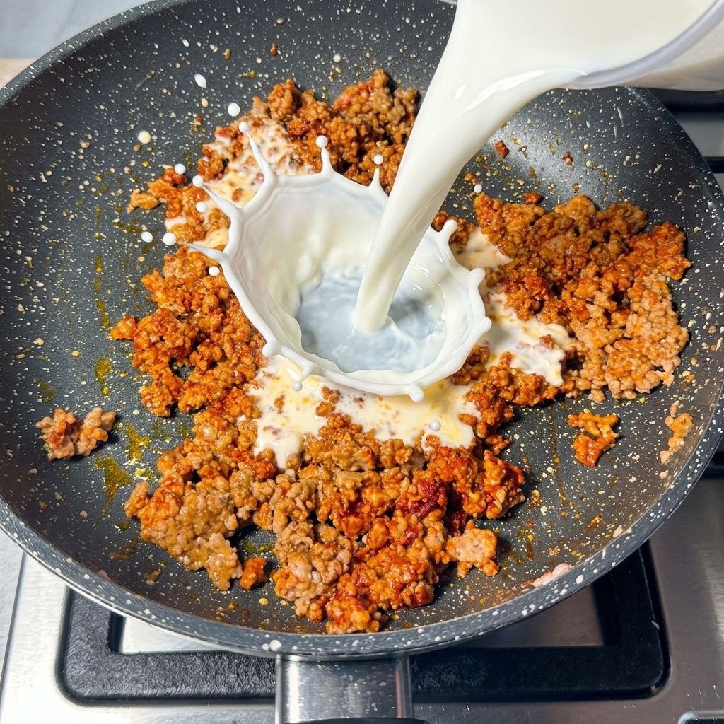 Lait versé dans la poêle contenant la préparation épicée.