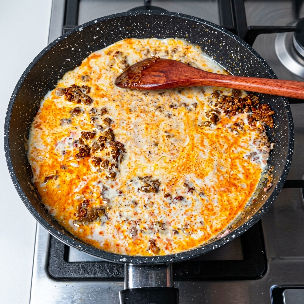 Poêle sur la cuisinière avec la préparation de sauce.