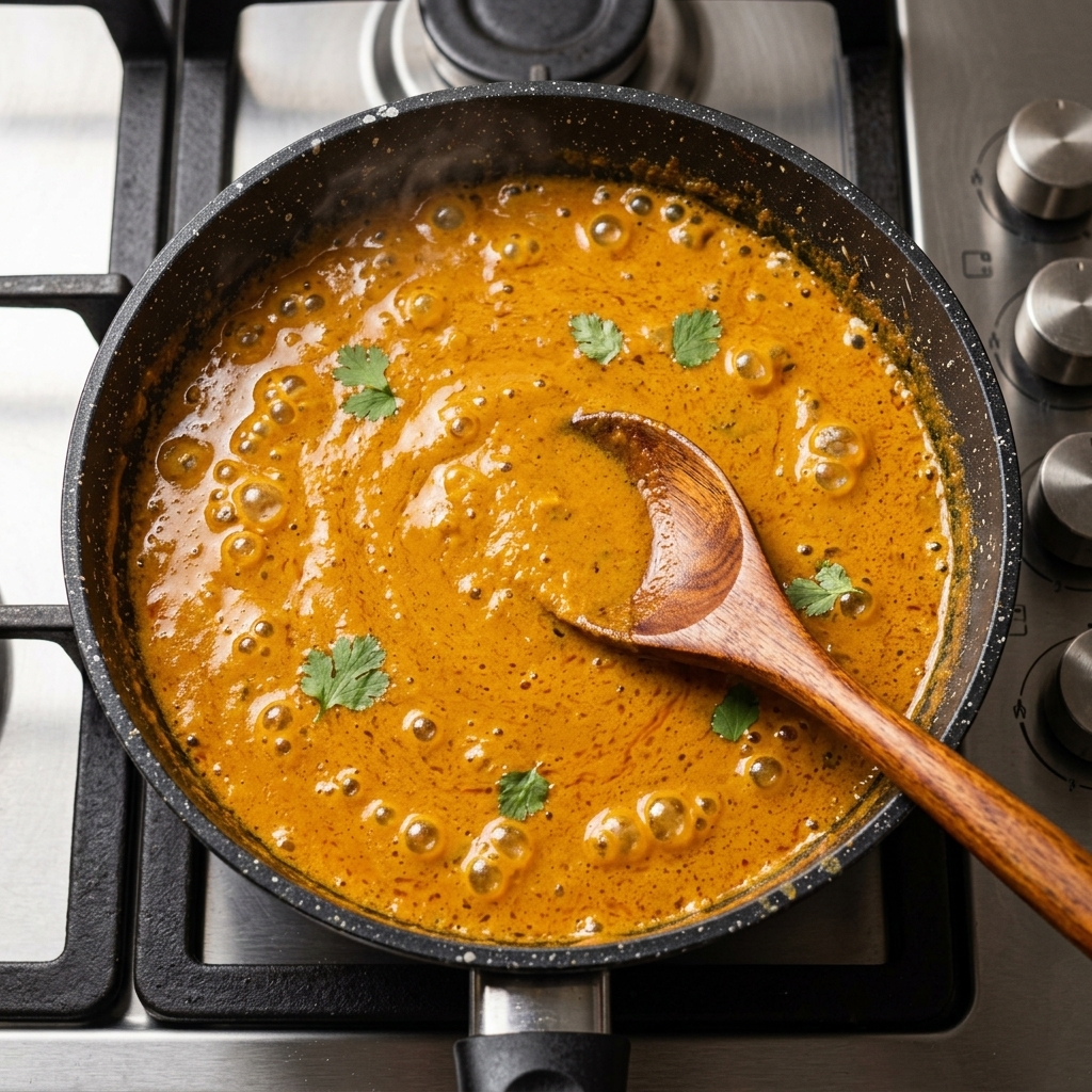 Sauce épaisse et bouillonnante dans la poêle.