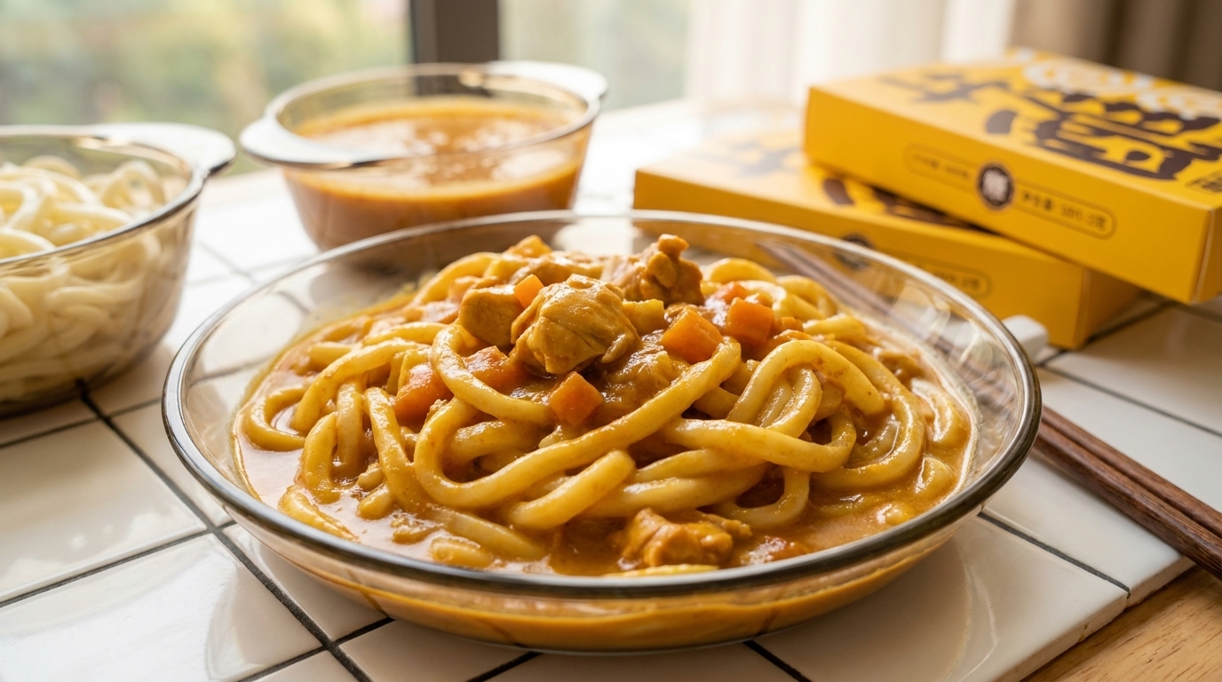 Un bol fumant de nouilles à tremper nappées dune sauce onctueuse au curry, poulet et fromage.