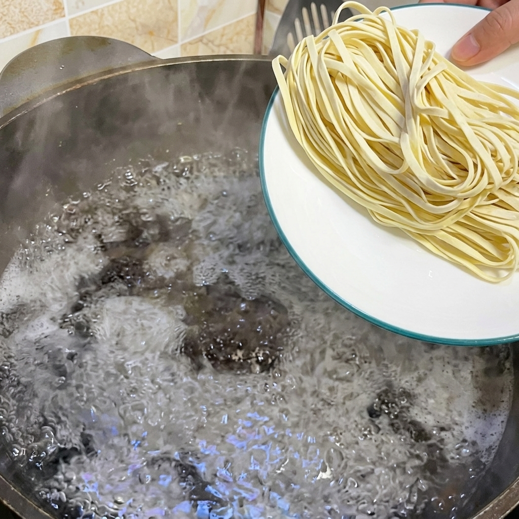 Une main tenant une assiette blanche et glissant des nouilles plates sèches dans une grande casserole deau bouillante.