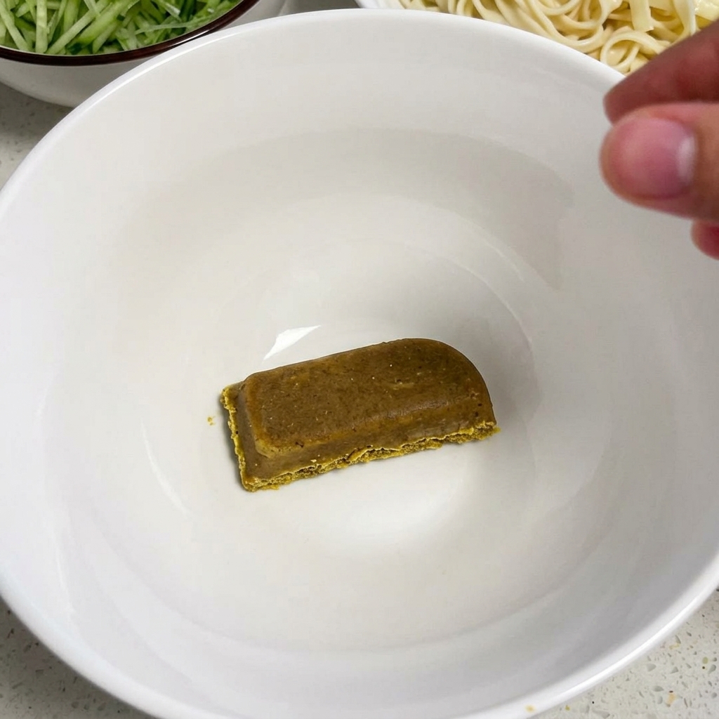 Un bloc rectangulaire de curry au fond dun bol en céramique blanc vide.