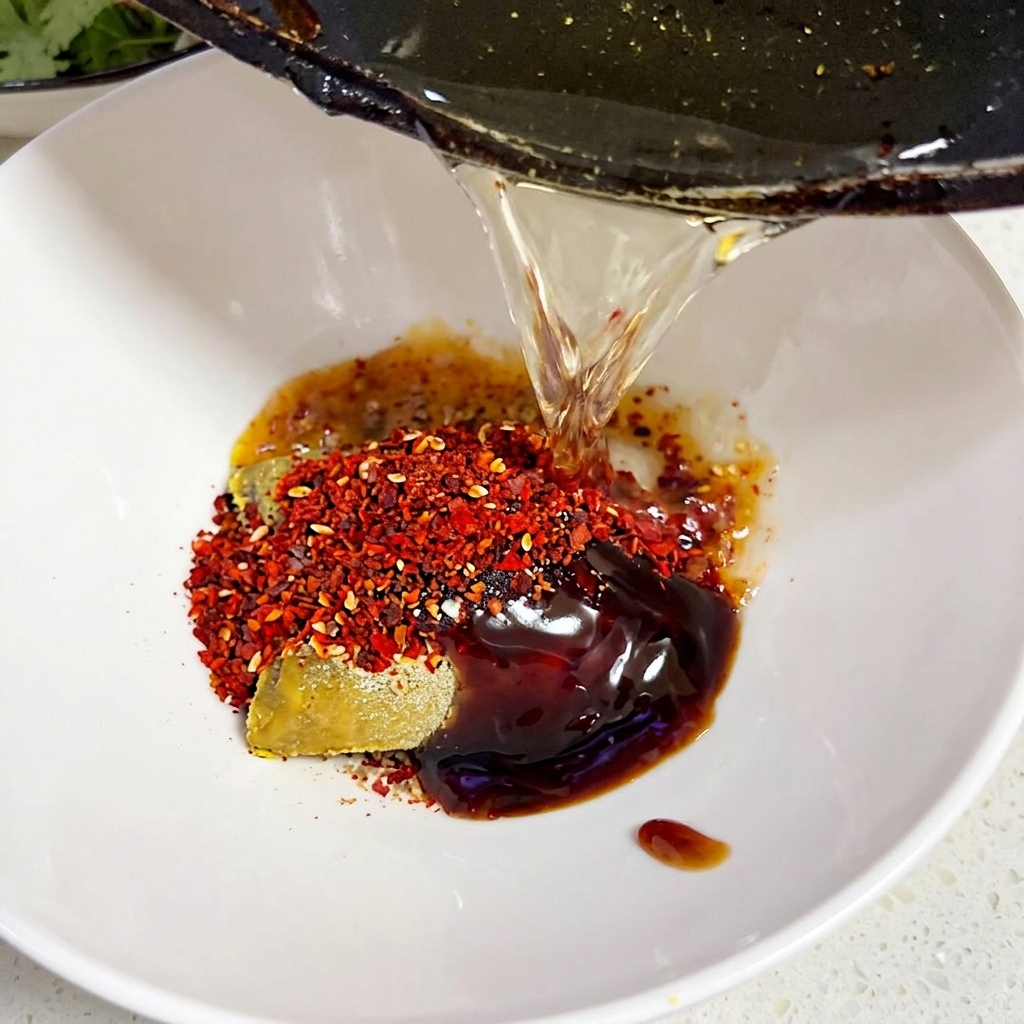De lhuile chaude versée depuis une poêle sombre sur un tas de flocons de piment et un bloc de curry dans un bol blanc.