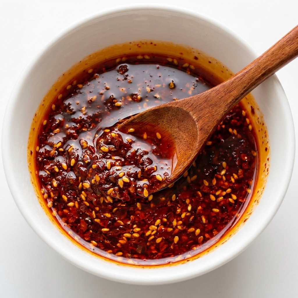 Une sauce au curry et piment rouge foncé et brillante mélangée à des graines de sésame dans un bol blanc, avec une cuillère en bois à lintérieur.