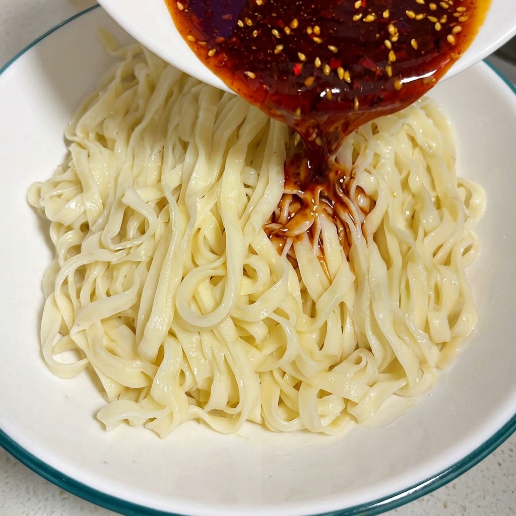 Une sauce riche au curry et piment versée depuis un petit bol sur un lit de nouilles plates cuites dans un bol plus grand.
