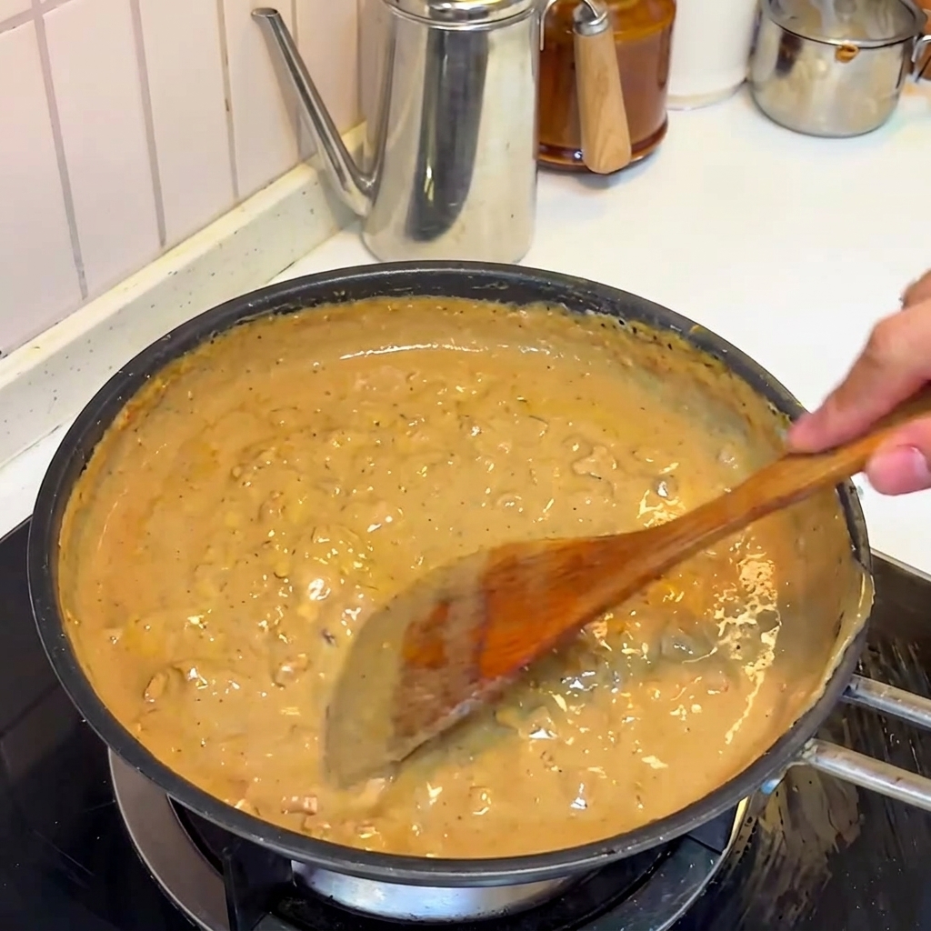 La sauce riche au miso et au porc mijotant et épaississant dans la poêle.