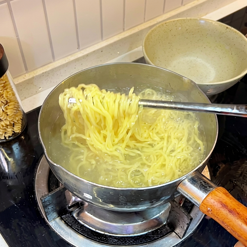 Nouilles ramen fraîchement bouillies rincées sous leau froide dans une passoire.