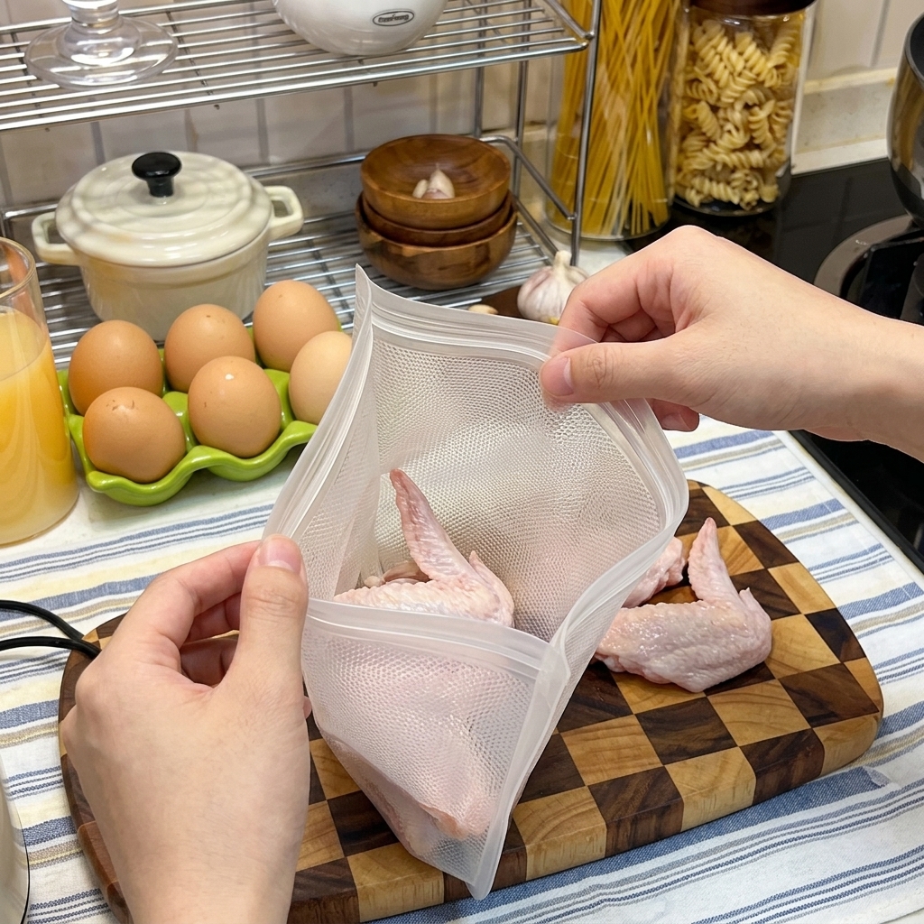 Ailes de poulet scellées dans un sac en plastique avec de la sauce soja, prêtes à mariner.