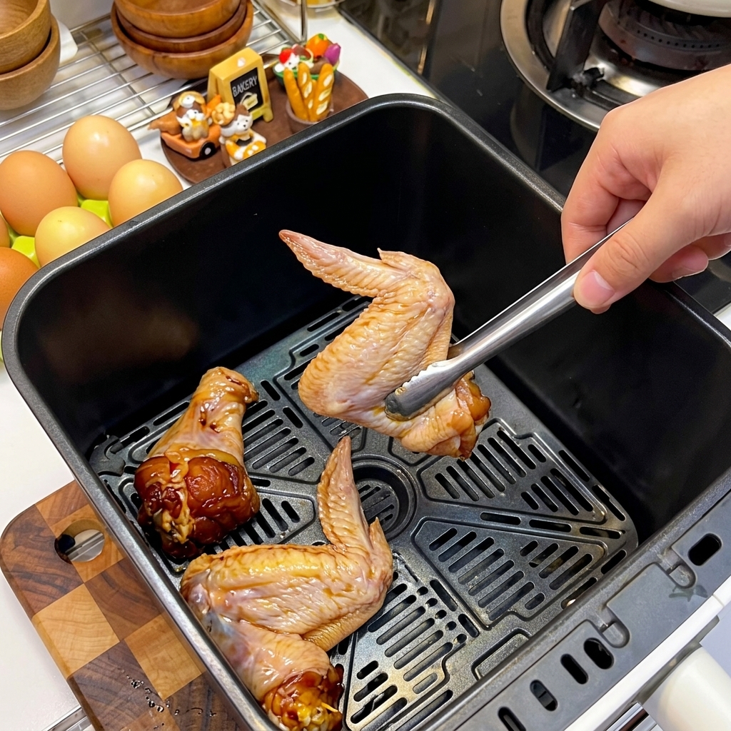 Ailes de poulet marinées soigneusement disposées dans le panier de la friteuse à air, peau vers le bas.