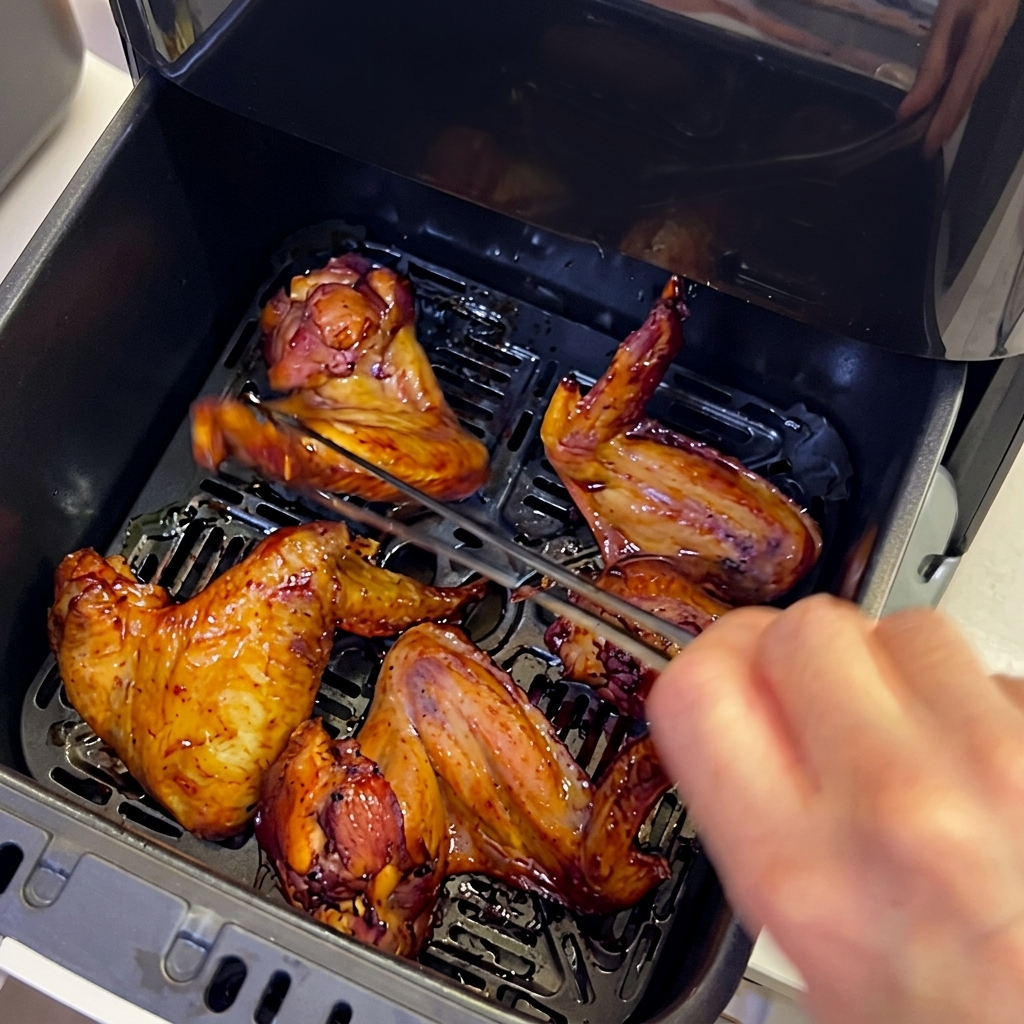Ailes de poulet croustillantes dans la friteuse à air retournées avec des pinces en argent.