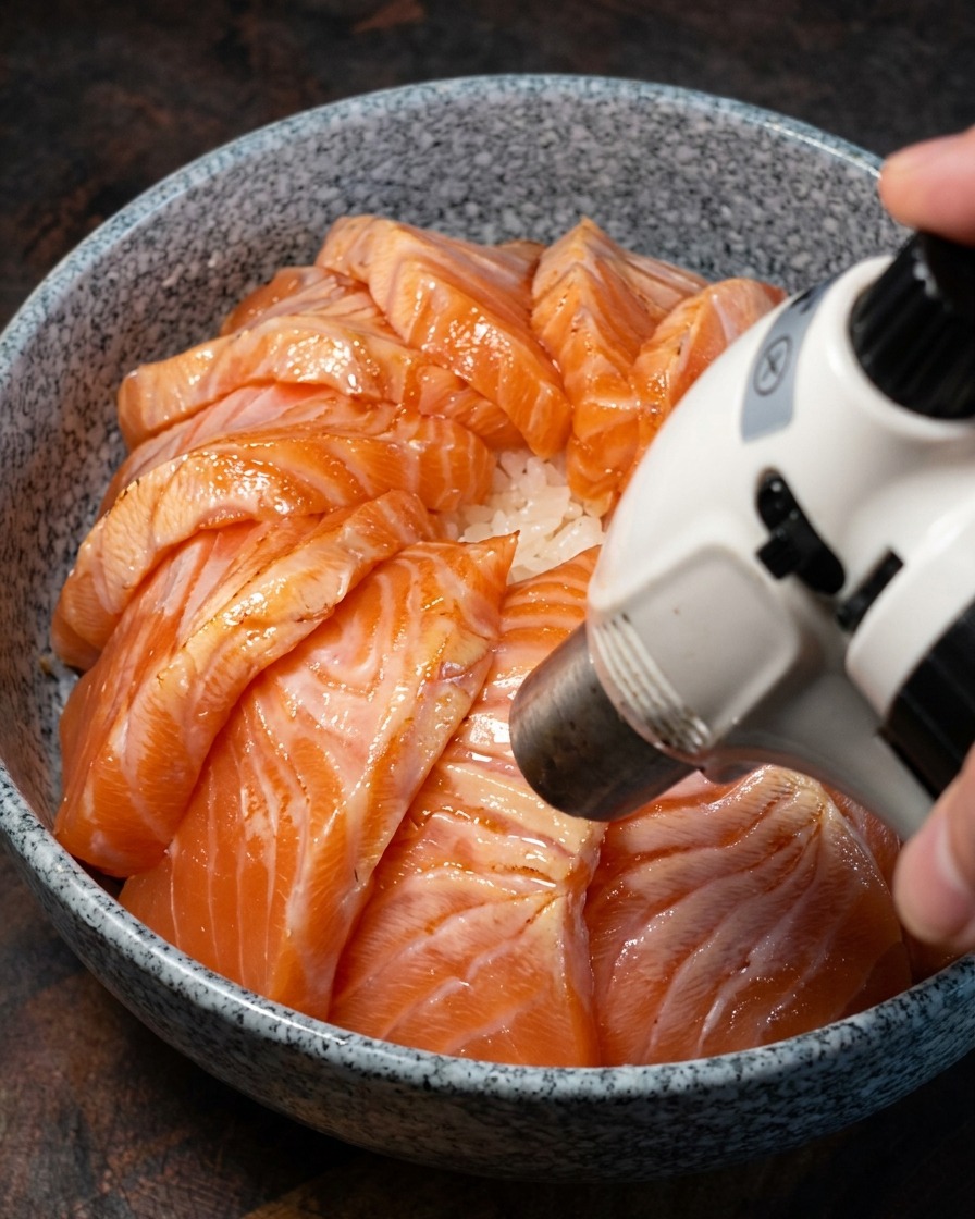 Un chalumeau de cuisine saisissant la couche supérieure des tranches de saumon sur un bol de riz.