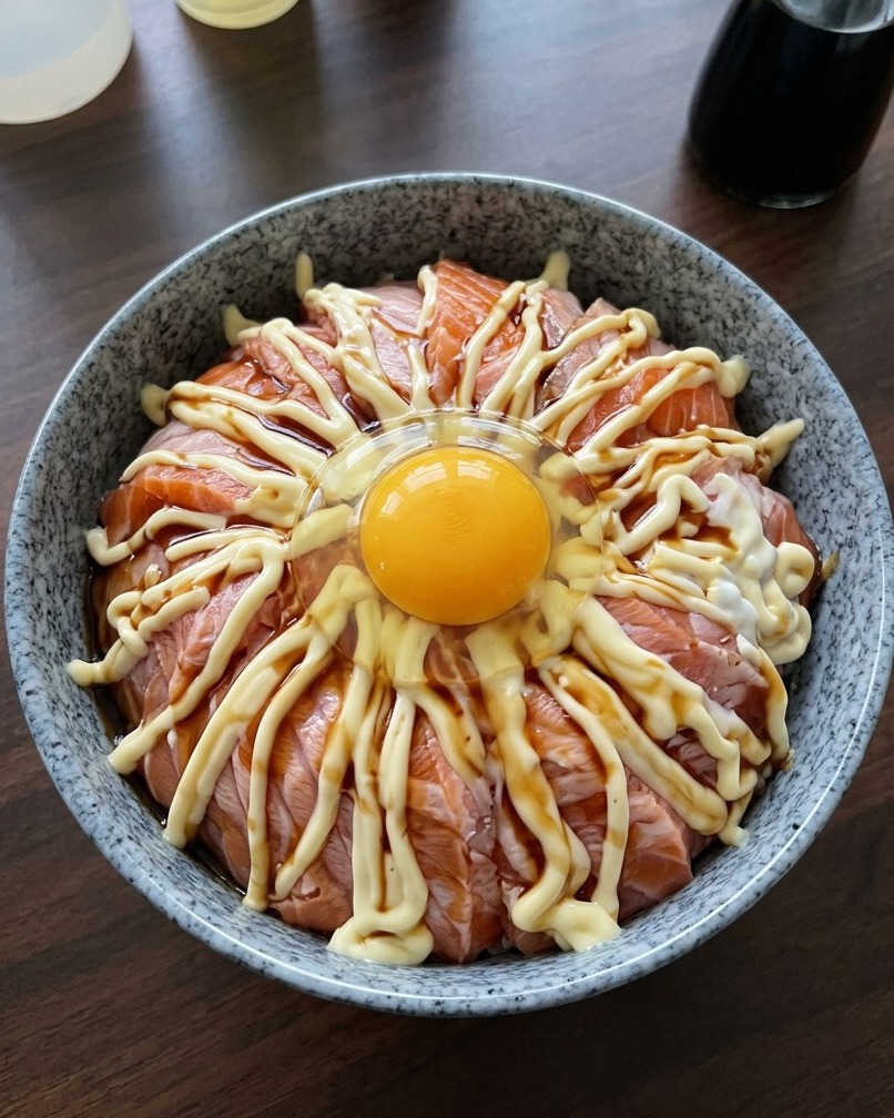 Un bol de riz au saumon avec un œuf mollet frais et coulant placé au centre.
