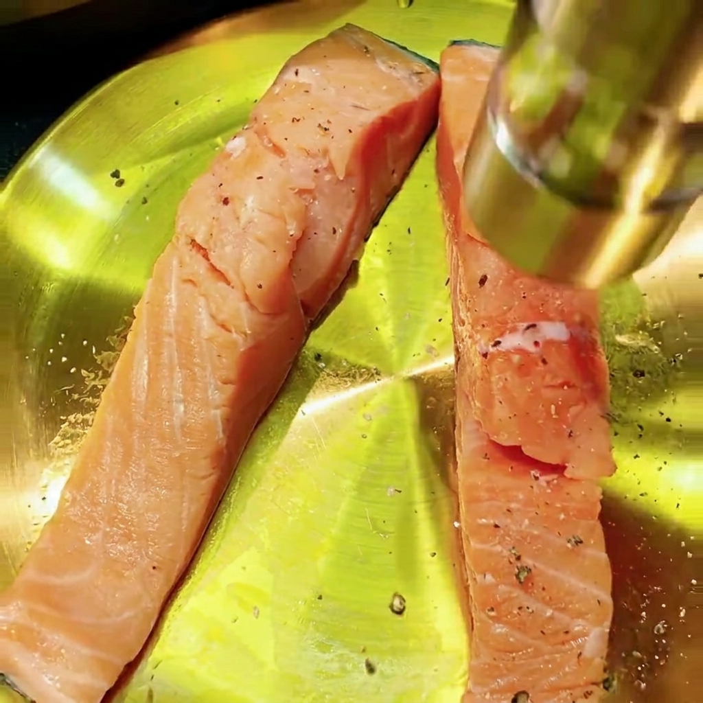 Deux filets de saumon cru sur une assiette jaune en train dêtre assaisonnés avec un moulin à poivre.