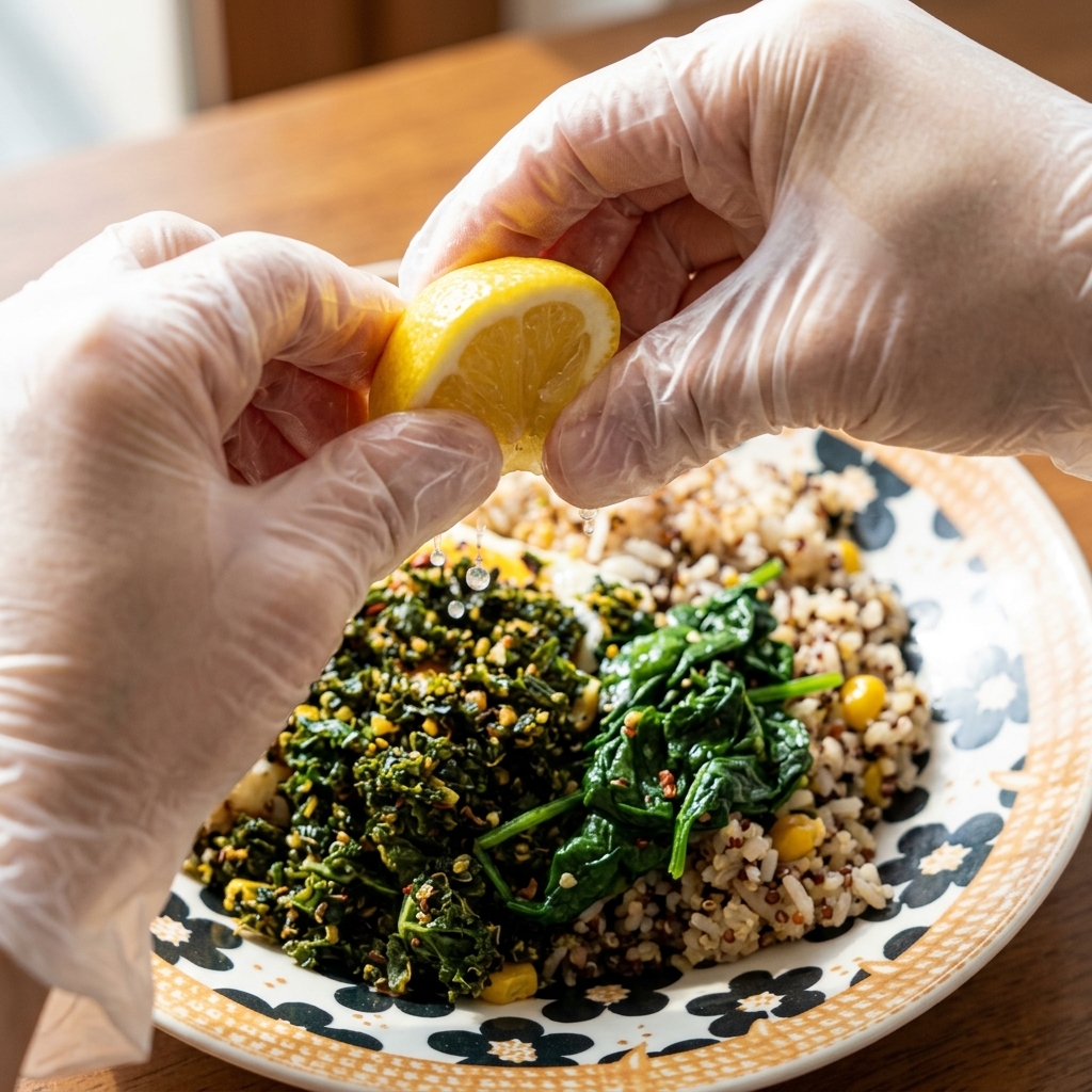 Mains gantées pressant un demi-citron frais directement au-dessus dun bol de riz au saumon.
