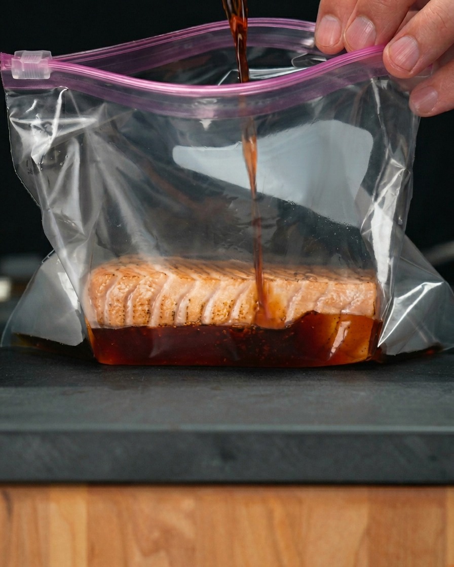 Un filet de saumon saisi dans un sac en plastique, avec de la sauce soja au kombu versée pour la marinade.