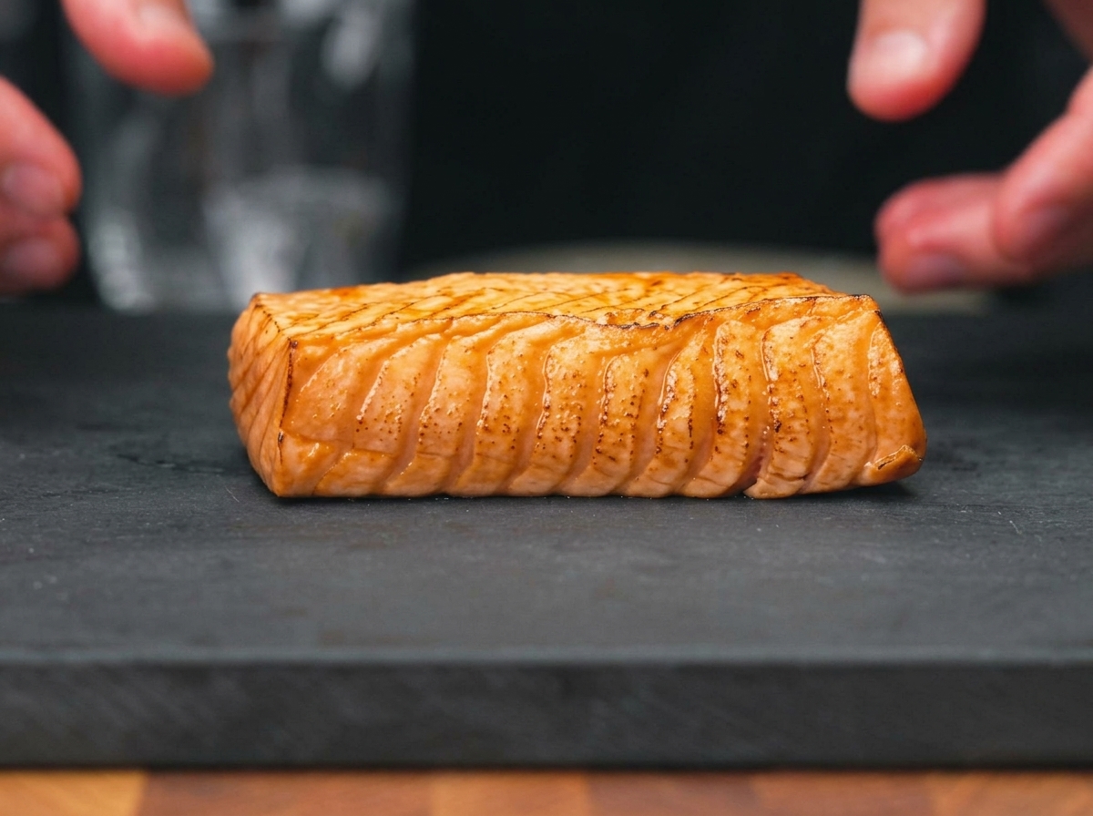 Un morceau de saumon mariné et saisi, coupé en tranches épaisses et uniformes sur une planche à découper sombre.