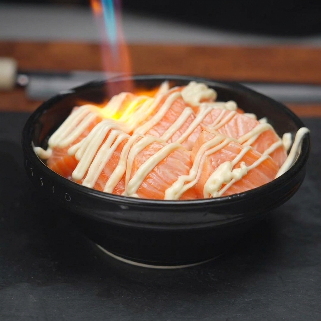 La flamme dun chalumeau de cuisine saisissant le motif en zigzag de mayonnaise sur un bol de saumon et de riz.