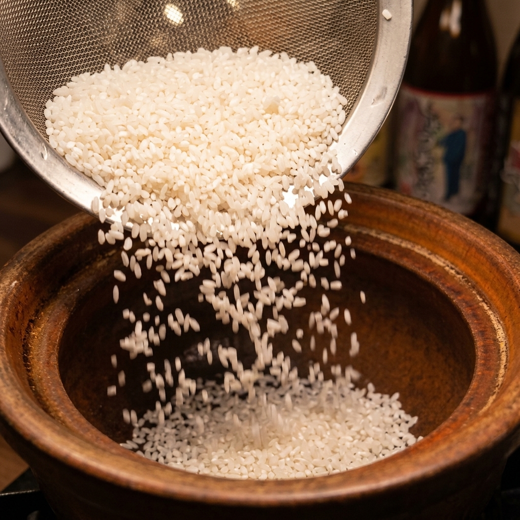 Le riz blanc trempé est versé dune passoire en métal dans un pot en terre cuite marron.