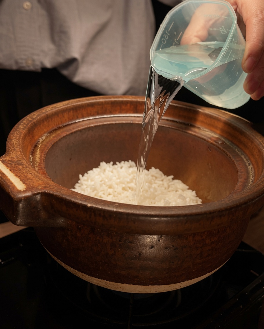 De leau est versée dun verre doseur dans un pot en terre cuite contenant du riz blanc.