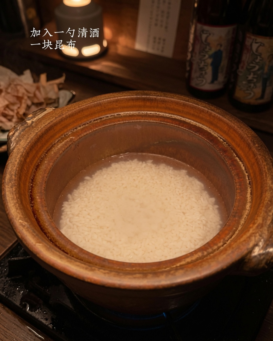 Un morceau carré dalgue kombu foncée séchée repose sur le riz humide à lintérieur dun pot en terre cuite.