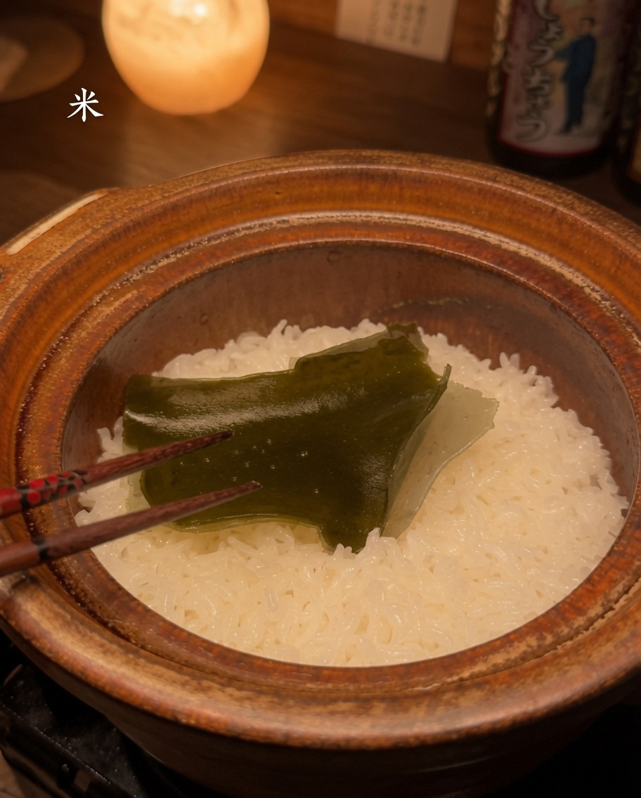 Des baguettes soulèvent un morceau de kombu cuit et ramolli hors dun pot en terre cuite rempli de riz blanc.