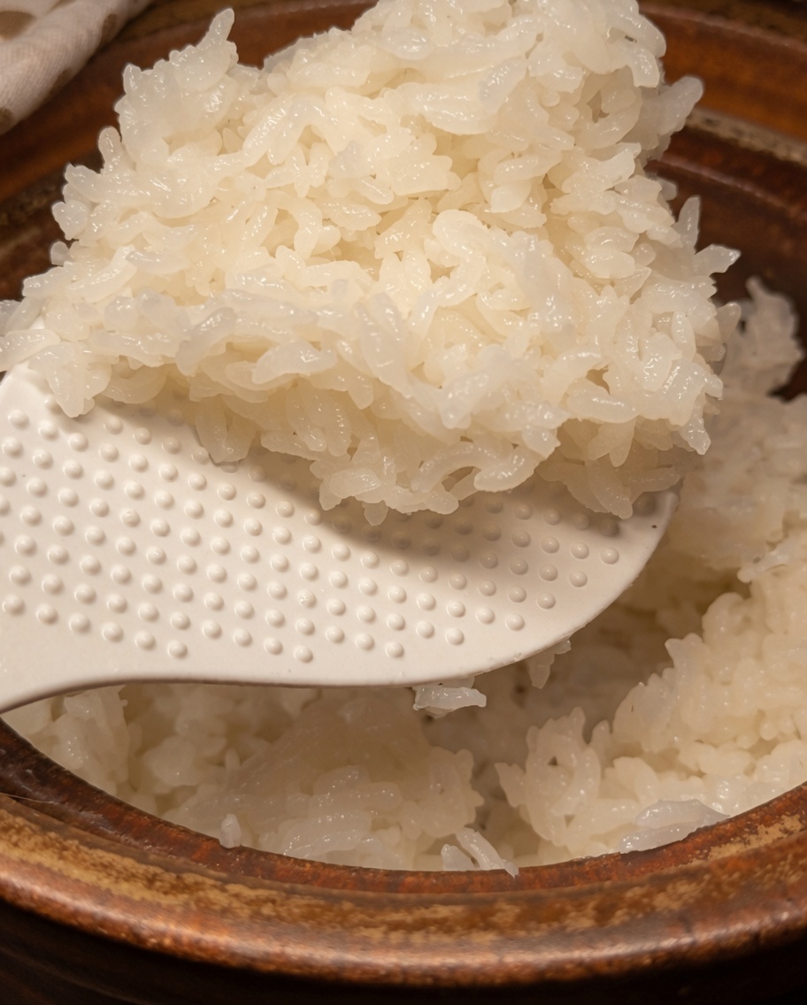 Vue de près du riz blanc cuit dans un pot en terre cuite, mélangé délicatement avec lassaisonnement à laide dune spatule à riz blanche.