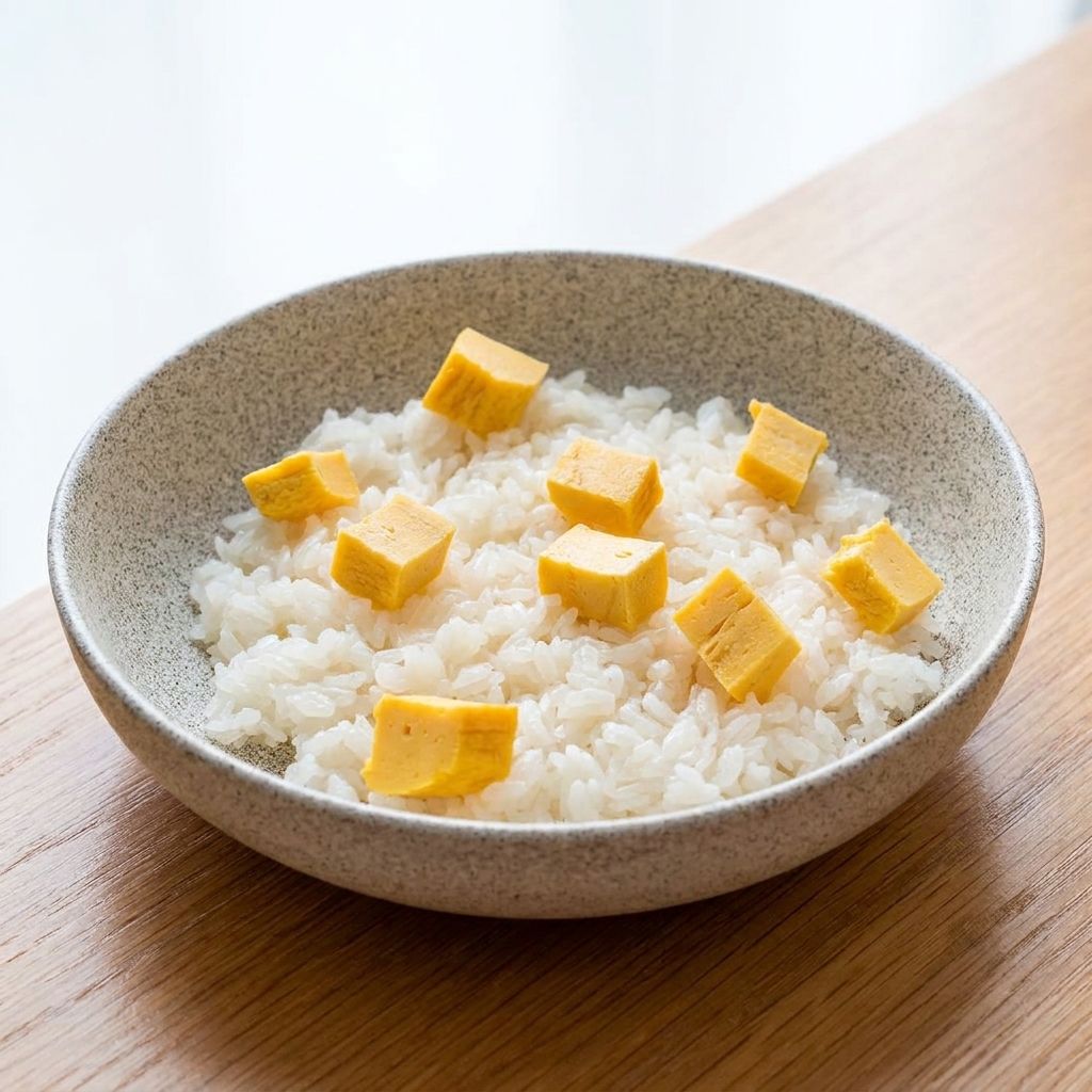 Un bol gris moucheté rempli de riz blanc, garni de cubes dispersés de tamagoyaki jaune.