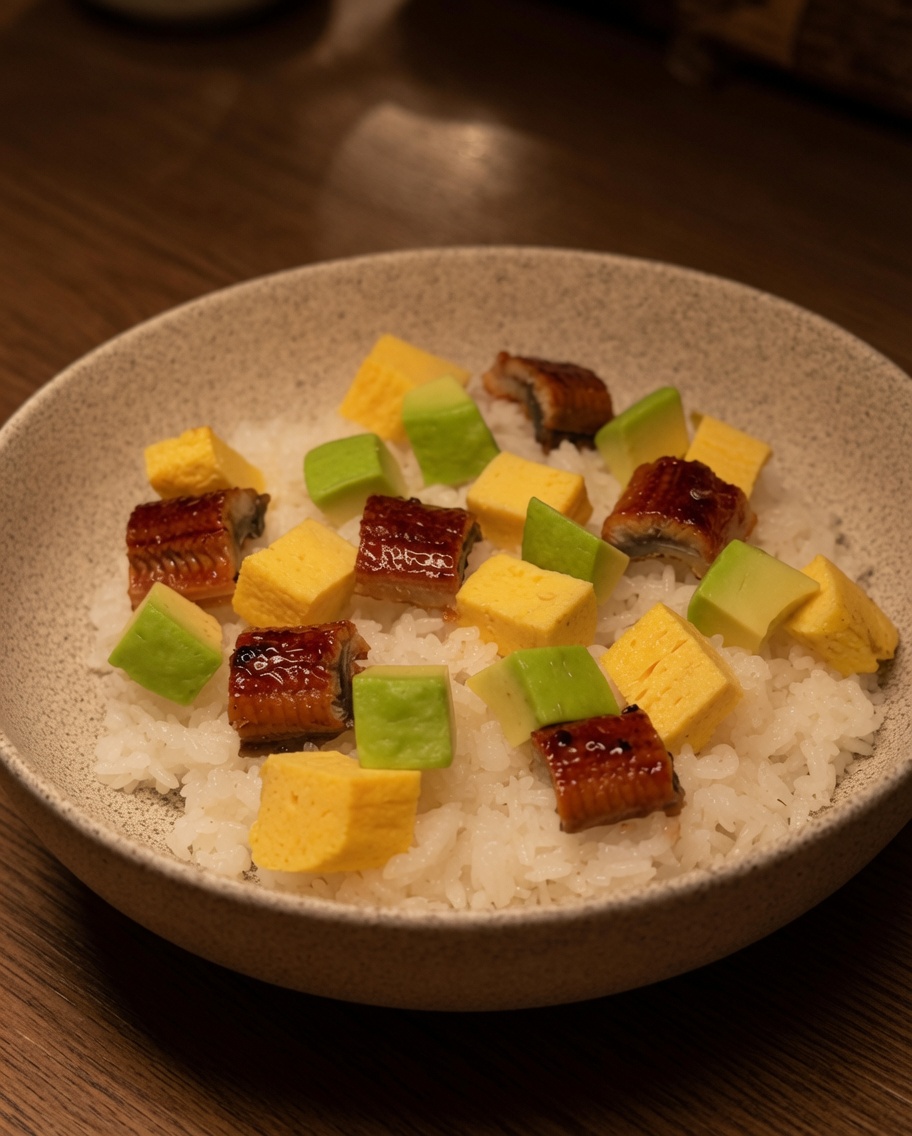 Un bol de riz joliment garni de cubes jaunes de tamagoyaki, de morceaux verts davocat et de morceaux danguille grillée laquée.