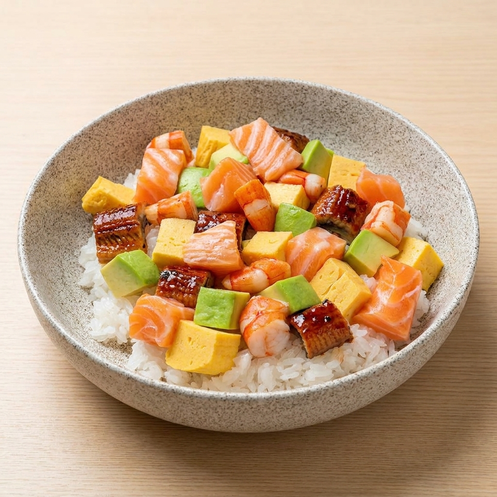 Un bol moucheté de chirashi sushi garni dun mélange coloré de saumon cru en cubes, de tamagoyaki, davocat, danguille grillée et de crevettes cuites.