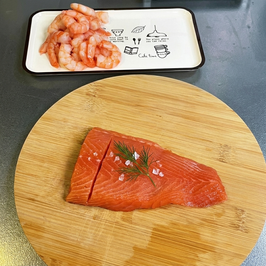 Filet de saumon frais coupé en petits cubes uniformes sur une planche à découper en bois.