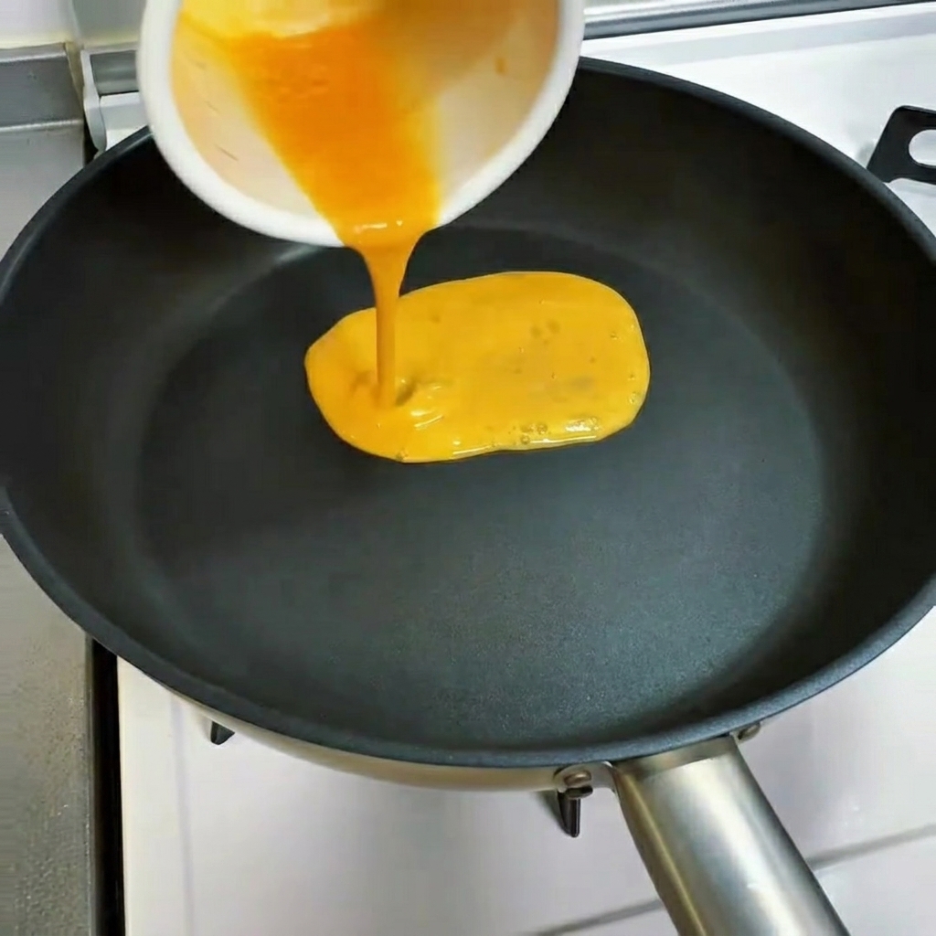 Œufs battus versés dans une poêle antiadhésive chaude.