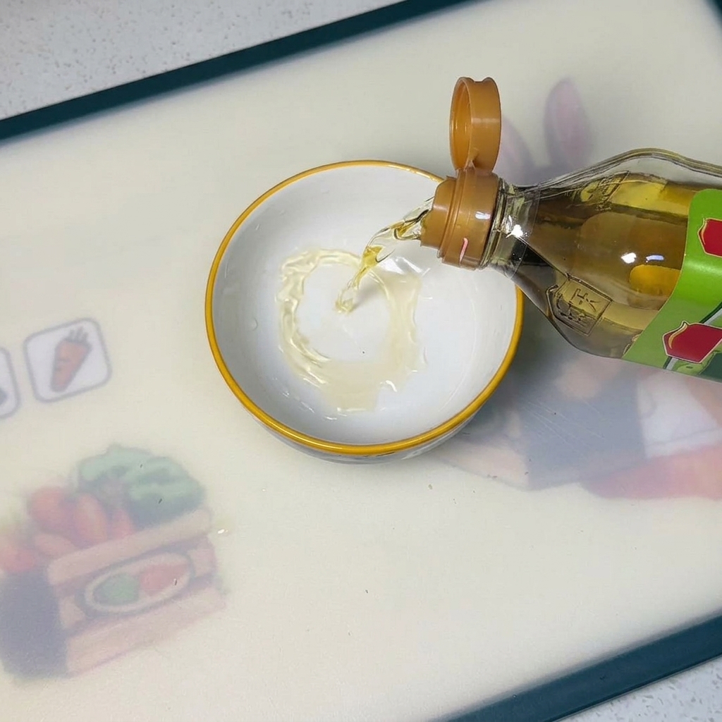 Vinaigre de cidre versé dans un petit bol blanc, avec le sucre et le sel prêts à être mélangés.