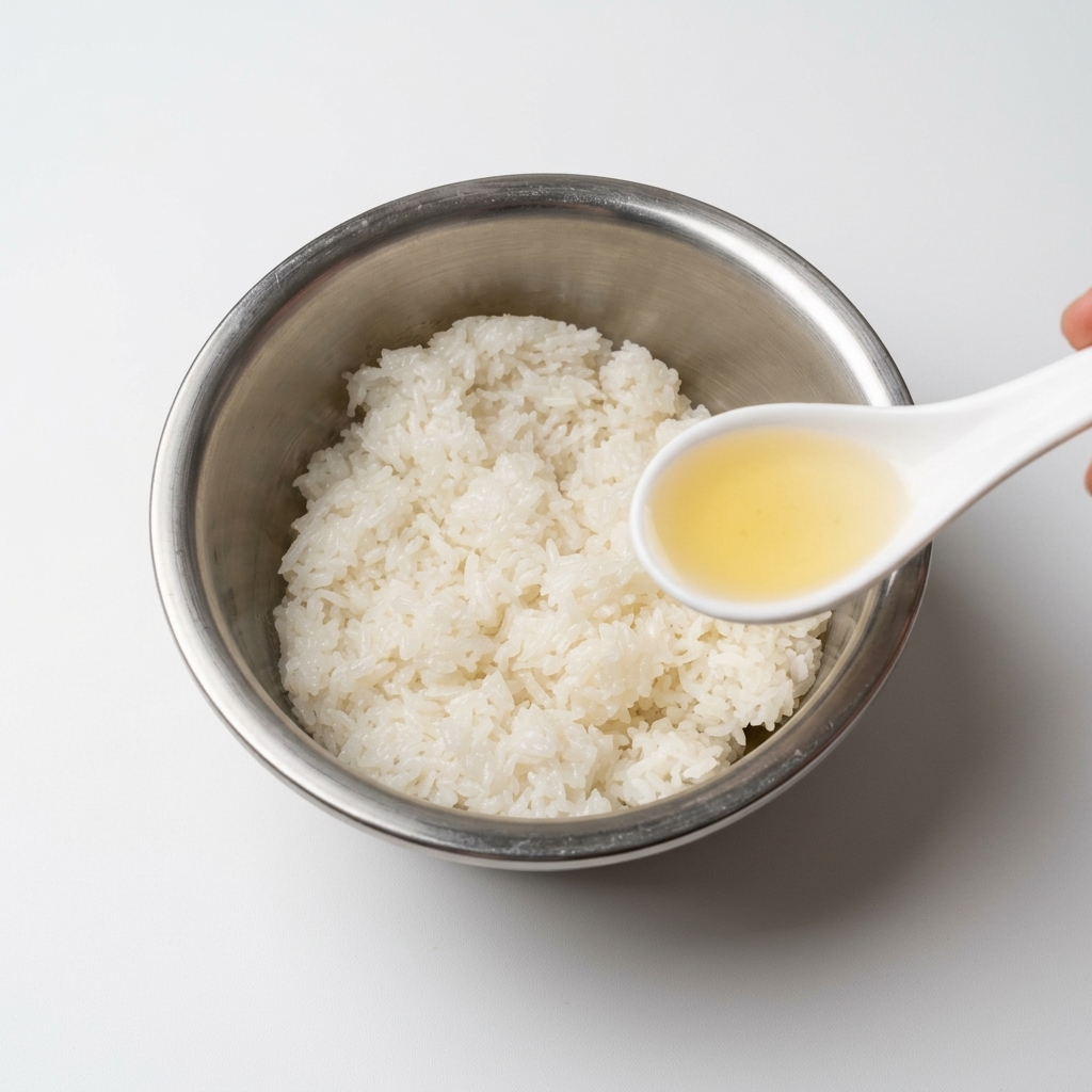 Un bol en métal rempli de riz cuit, avec une cuillère versant le vinaigre assaisonné pendant quun léger filet dhuile de maïs est ajouté.