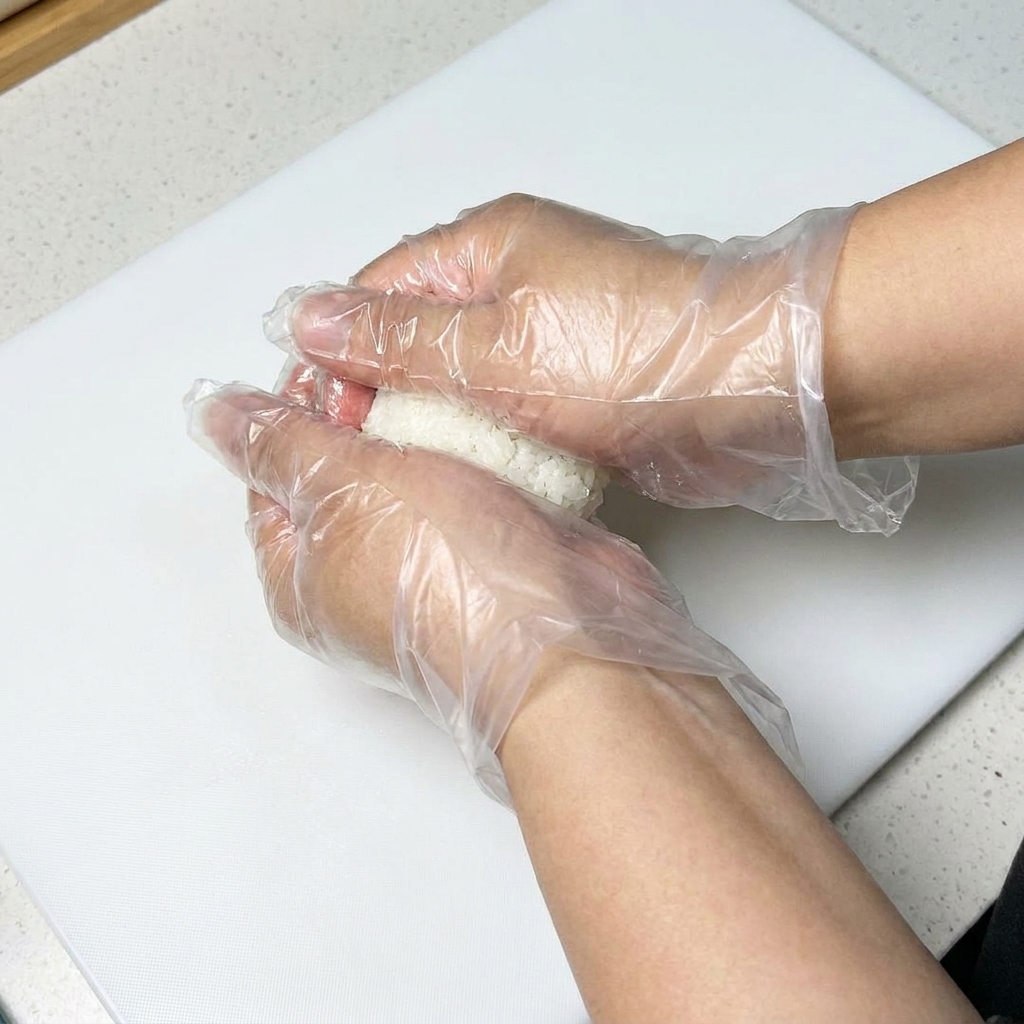 Des mains gantées de plastique façonnant délicatement du riz assaisonné en petites boulettes ovales compactes.