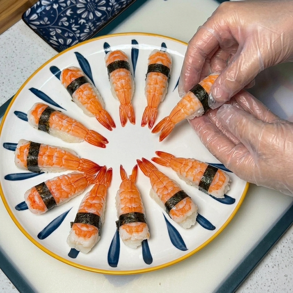 Un sushi crevette entouré dune fine bande dalgue noire au centre, montrant la crevette et le riz bien maintenus.